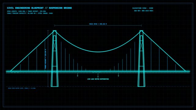 Technical Drawing Animation of a Large Suspension Bridge Engineering Blueprint Structure Design
