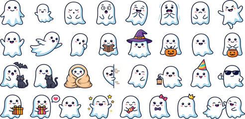 Obraz premium Cute White Ghost Mascot Character Vector Bundle with Halloween Pumpkin Book Candy and Blanket Accessories