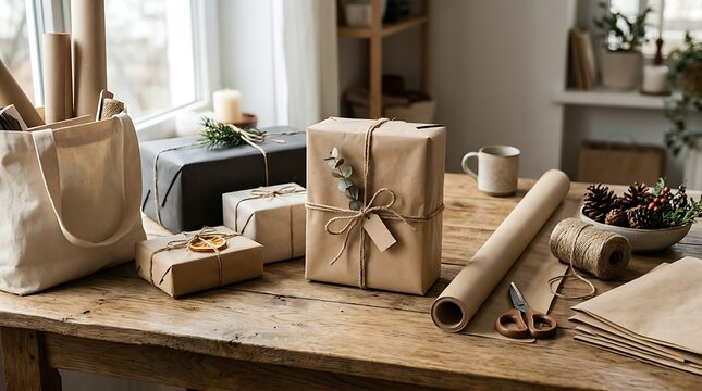 Eco friendly gift wrapping station with brown paper packages and natural decorations on a rustic wooden table