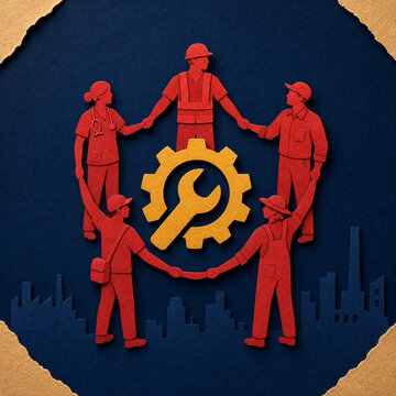 Circle of Workers Around Gear Symbol for Labor Day Unity Design