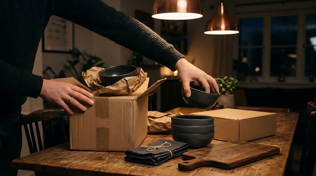 Person unpacking a cardboard box with kitchenware and ceramic bowls on a rustic wooden dining table
