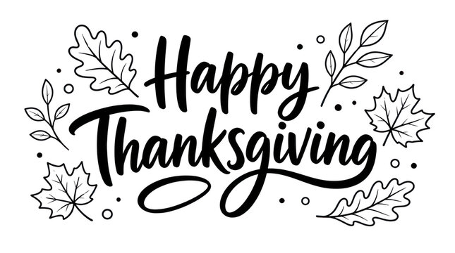 Happy thanksgiving black outline typography with autumn leaves calligraphy quote vector illustration isolated PNG with Transparent Background