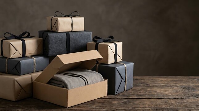 Stack of rustic gift boxes wrapped in craft paper and black ribbon on a wooden table