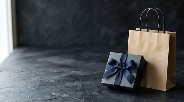 A brown paper shopping bag and a black gift box with a ribbon on dark textured background