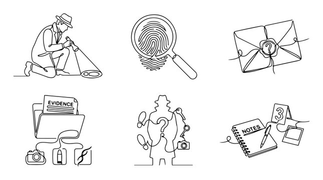 Detective Investigation Icons Set Continuous Line Art Illustration