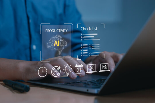 Businessman using AI productivity checklist on laptop with digital task management icons, representing smart automation, workflow planning, efficiency, time management and business performance