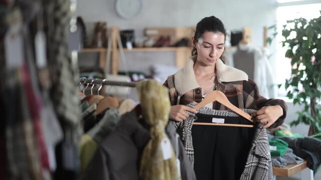Armenian woman stands near the hangers in the store and chooses a jacket with sheepskin fur on the collar. Female buyer looking at jackets with fur in the store and choosing her size. High quality 4k