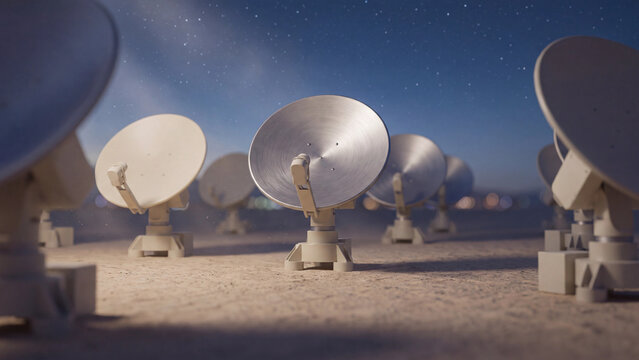 Large array of scientific satellite dishes stands majestically on a desolate landscape under a star-filled night sky, symbolizing advanced global communication and deep space exploration efforts.