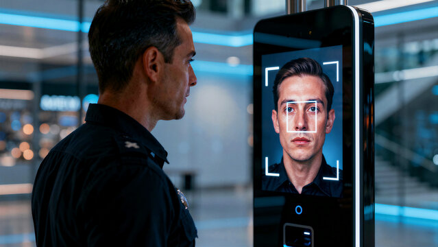 Man undergoing facial recognition scan at a high-tech security terminal. Advanced biometric software identifies person in futuristic environment. AI surveillance and digital identity concept.