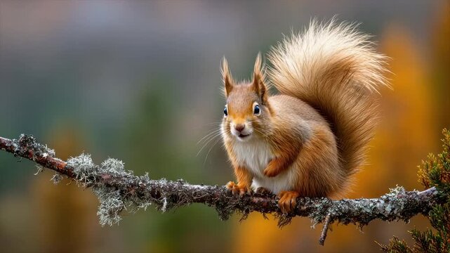 A red squirrel with a fluffy tail perches on a lichen-covered branch. Autumnal background