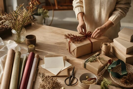 Woman Wrapping Rustic Gift Boxes with Kraft Paper and Dried Flowers