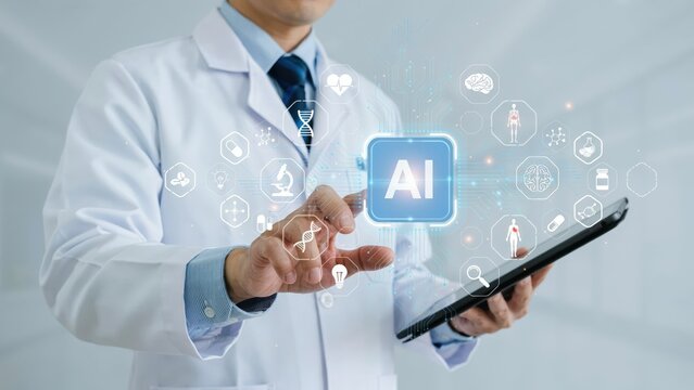 Male physician interacts with artificial intelligence medical interface hologram holding digital tablet.