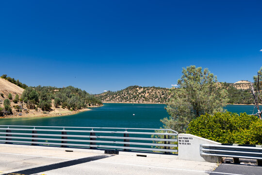 Panoramic landscape view of Don Pedro Reservoir from Jacksonville Road bridge in California USA
