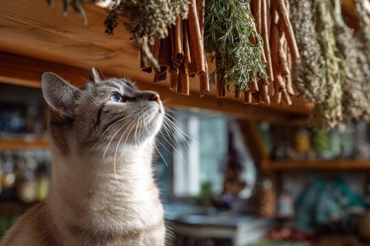 Curious cat investigating cinnamon sticks arranged on a shelf, exploring the warm spices with its sense of smell