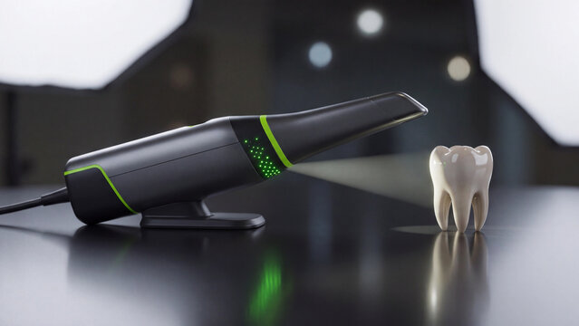 Dental scanner device emitting light toward a single molar tooth mockup on a dark reflective laboratory tabletop.
