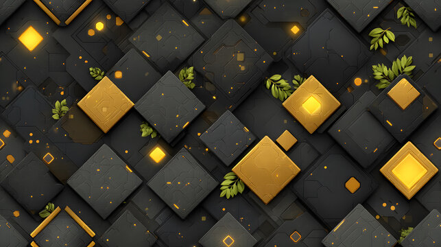 Geometric pattern with golden squares and green leaves dark background creates modern aesthetic