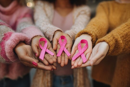 Group of women from diverse backgrounds holding pink ribbons, showing support for breast cancer awareness