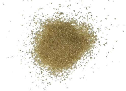 Fine golden sand granules or sugar crystals spread isolated on transparent background
