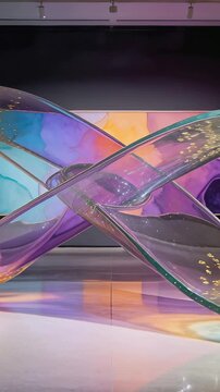 Vertical video: Moving camera showing loop sculpture in hall revealing gold flakes and color cores