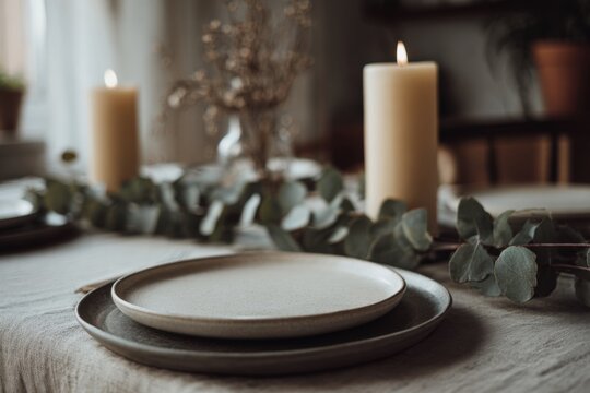 Elegant Christmas dining setup featuring simple candlelight, refined table decorations, and a calm festive atmosphere