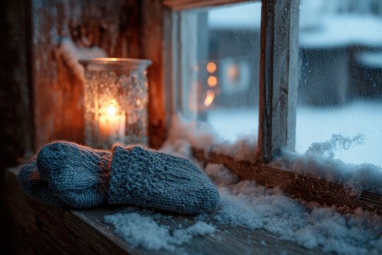 Snowy cabin exterior with a glowing candle visible through the window, creating a peaceful winter evening atmosphere