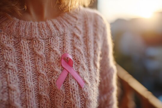 Pink awareness ribbon attached to a soft knitted sweater, symbolizing breast cancer support and solidarity