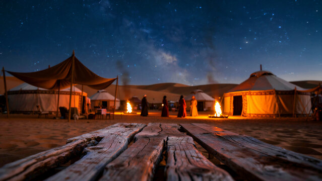 Traditional yurts and campfires illuminate a desert campsite under a starry night sky. People gather near glowing fires among sand dunes. Nomadic culture concept for travel and tourism ads.