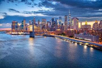 Fototapeta premium Manhattan, New York City, USA. Aerial cityscape image of Manhattan, New York City at twilight blue hour.