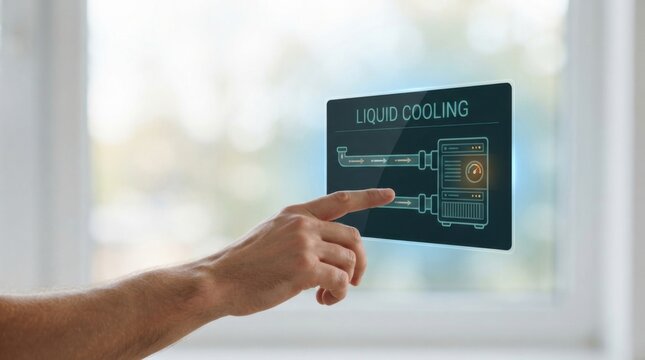 Liquid Cooling Server Diagram on Glass Panel Touched by Hand