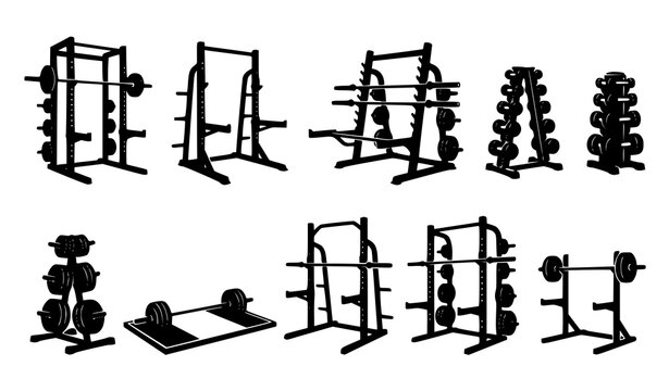 Gym rack and weight equipment silhouette icon set with squat rack, dumbbell tree, barbell bench, and half rack symbols in solid black style