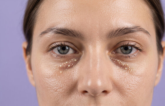 Close-up of milia skin bumps and whiteheads around female eyes