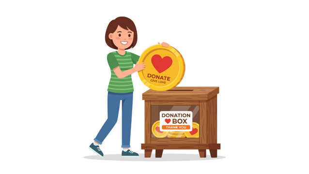 Smiling woman donating large coin to charity box
