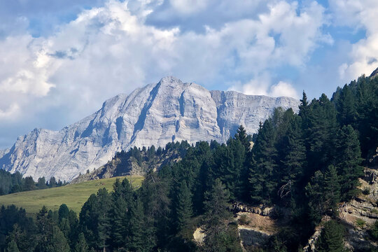 Dolomites Cross Mountain Monte croce view from Sass de Putia in Puez-Odle Nature Park.