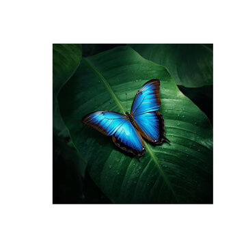 Blue Morpho Butterfly on Tropical Leaf
