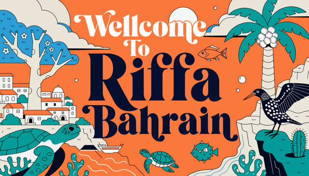 Welcome to Riffa Bahrain - Tropical Paradise Illustration with Sea Life and Palm Trees