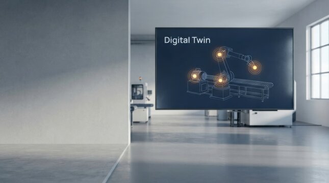 Digital Twin Robotic Arm Wireframe on Factory Display Screen