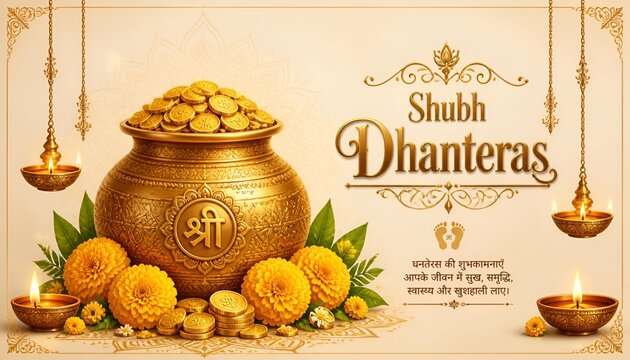 Shubh Dhanteras elegant background with golden coin pot and marigold