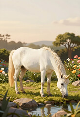 Fototapeta premium Fantasy and magic concept, white unicorn drinking water in a whimsical meadow with colorful flowers and lush greenery
