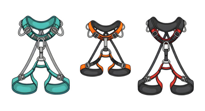 Set of three professional climbing harnesses for mountaineering activities isolated on a clean transparent background for outdoor equipment