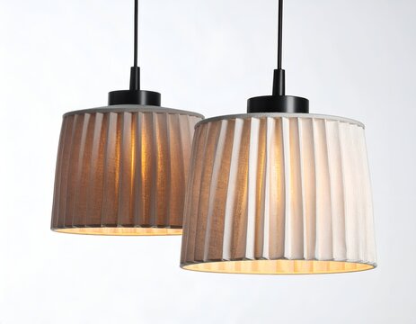 Two pleated pendant lamps with soft, diffused light, suspended against a white backdrop