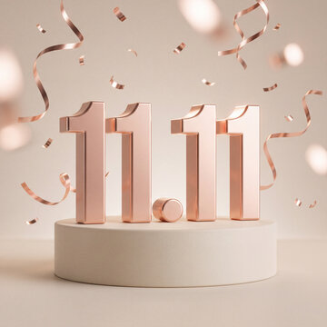 A luxurious 3D render for the 11.11 shopping festival featuring rose gold numbers on a minimalist pedestal with falling ribbons and confetti.