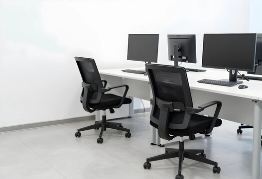 Empty office chairs and computer desks, corporate downsizing and remote work shift, job market and unemployment