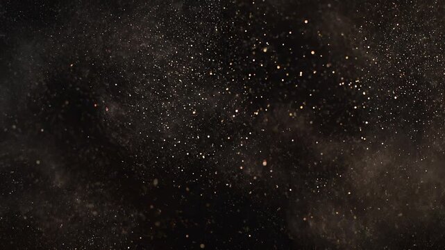 Golden dust particles swirling in dark cinematic motion with subtle bokeh for atmospheric backgrounds