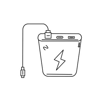 Power bank outline vector illustration with usb cable doodle line art