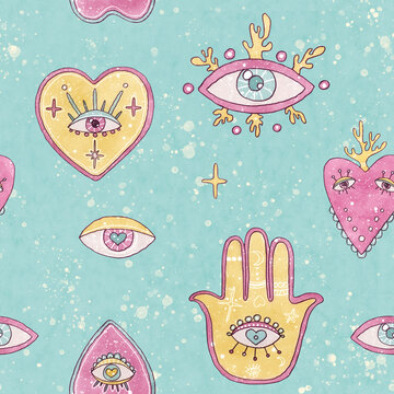 Esoteric hamsa hand, magic hearts, all seeing eye mystical seamless pattern on pastel turquoise background. Watercolor hand drawn illustrations. Cute girly witchy concept in pink, yellow colors