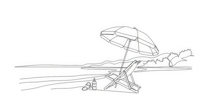 A minimalist line drawing of a beach chair and umbrella on a tranquil seashore.