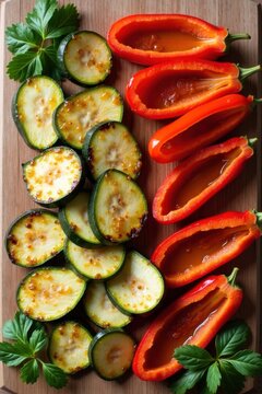 Vista cenital de tiras de calabac&iacute;n y pimiento rojo asadas al horno, ligeramente doradas y con bordes sutilmente caramelizados