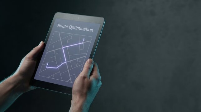 Hands Holding Tablet Showing Route Optimisation Map Interface