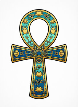 golden ankh decorated with a rich array of ancient Egyptian symbols