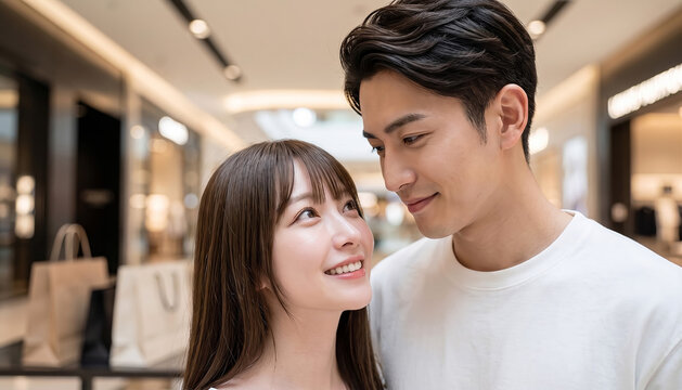 Young Asian couple looking lovingly at each other while shopping in a modern mall with shopping bags in the background, candid romantic moment.